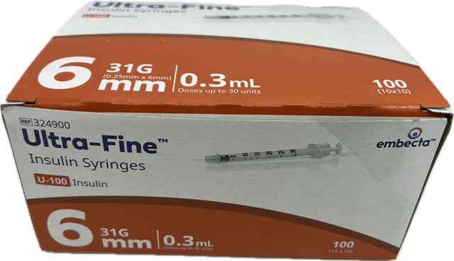 Embecta BD Ultra-Fine Insulin Syringes 0.3mL 0.25mm (31G) x 6mm 100 Pack